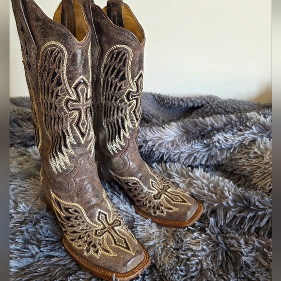 Corral Sequin WingCross Inlay Western Boots Square Toe Womens 7 Cowgirl Rodeo